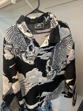 rebels Black and White Skull Wing Button-Up Jacket